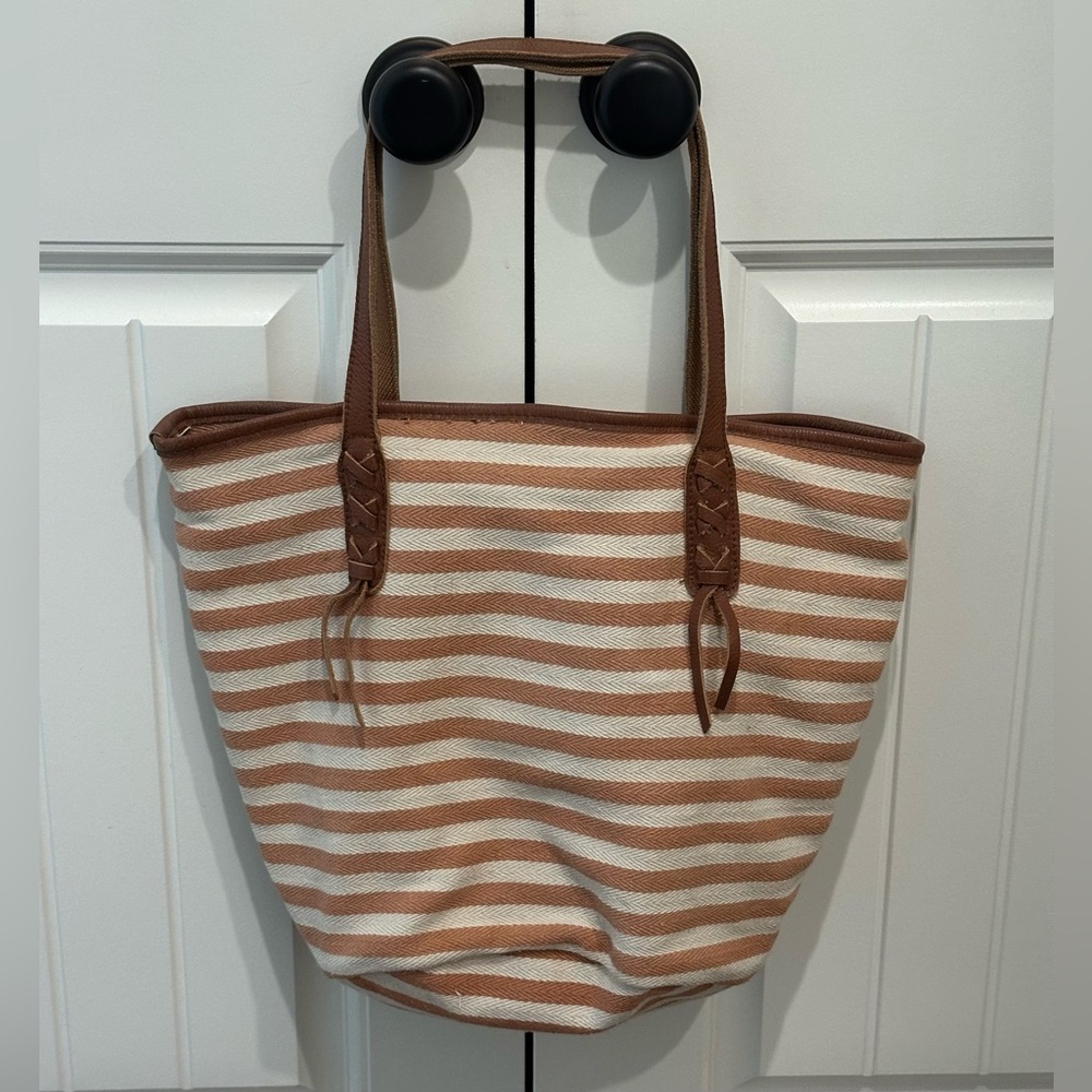 Giando Massi Leather and Striped Cotton Canvas Tote Bag